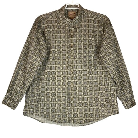 Woolrich Mens Outdoor Shirt Size XL Tan Cotton Fish Pattern Button Front Peru - Picture 1 of 6